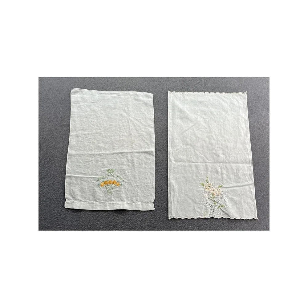 Vintage Hand Embroidered Linen Guest Towel Set Floral Basket Applique White 2pc
